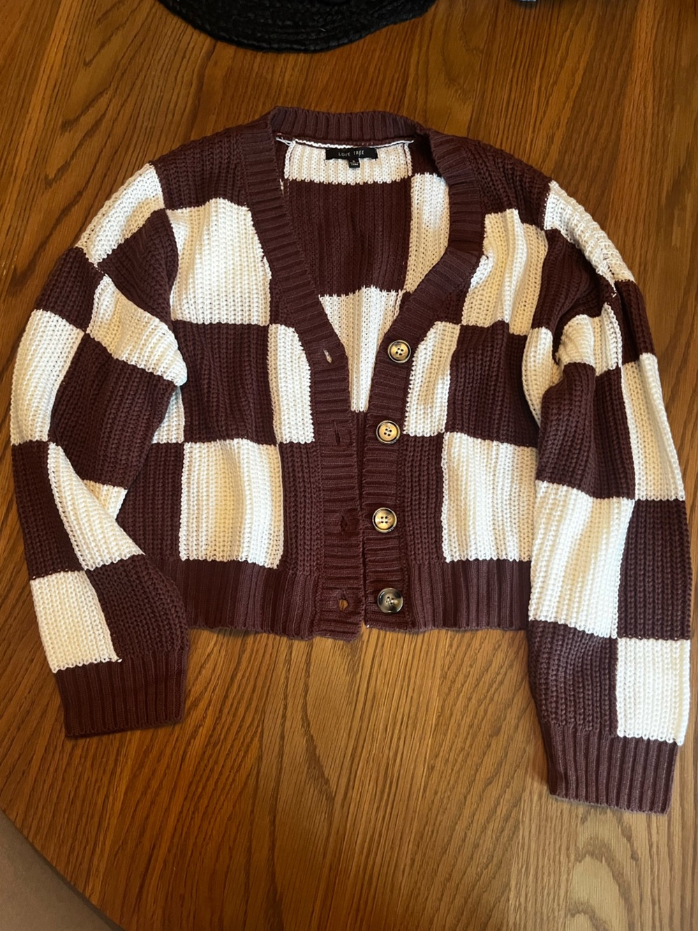 Love Tree Brown & Cream Checkerboard Cropped Cardigan